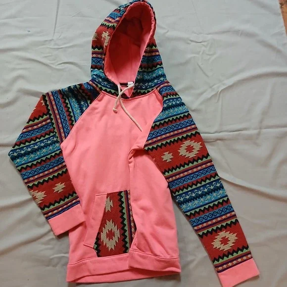 Blue Footed Design Hoodie Womens M Hot Pink Neon Aztec Mayan Native - Picture 5 of 13